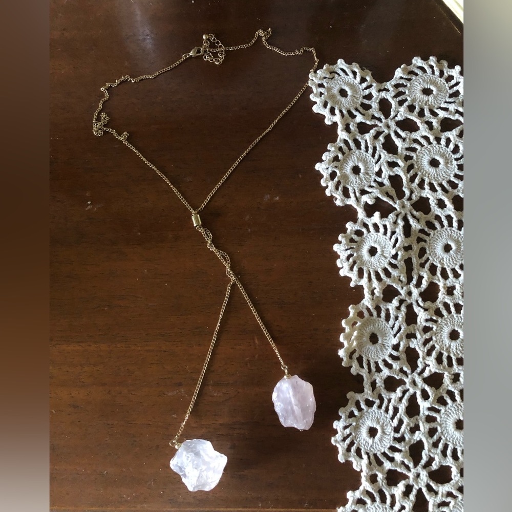 Pure Raw Cut Rose Quartz Crystal Y Costume Necklace-$18 or $15 w/offer